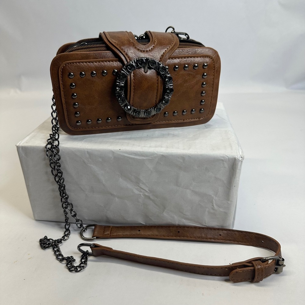 Brown Faux Leather Stud Crossbody‎ Bag Rhinestone Buckle Kiss Lock Multi Pocket